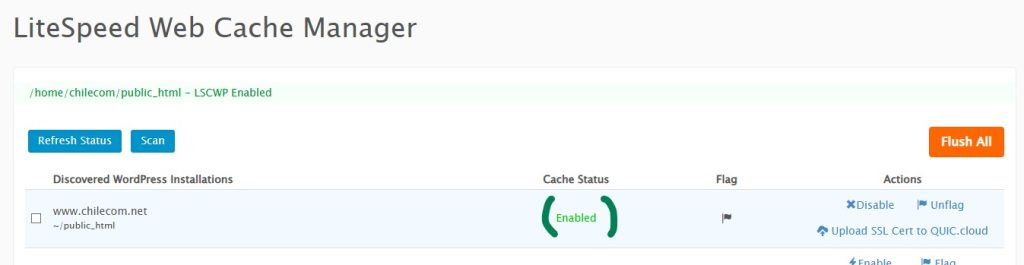 LiteSpeed Web Cache Manager en cPanel para WordPress 5 LiteSpeed Activado